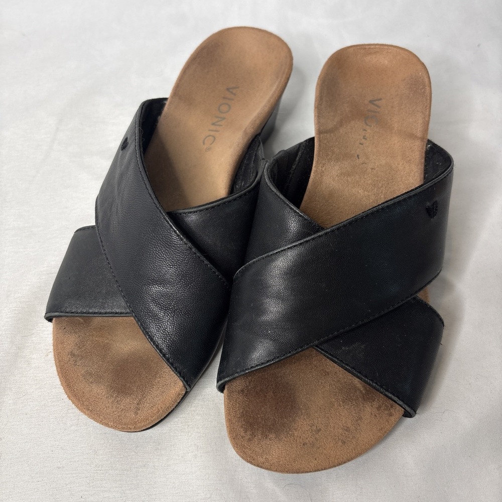 Vionic Park‎ Kara Nappa black leather criss-cross comfort wedge slide Sandal 6